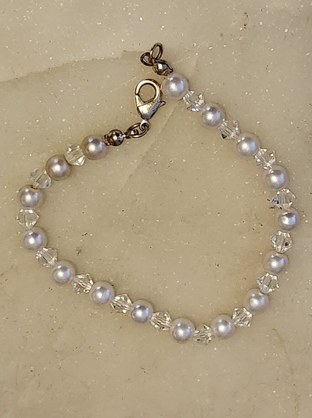 Classic White Faux Pearl and Clear Crystal Bracelet - 7 Inches
